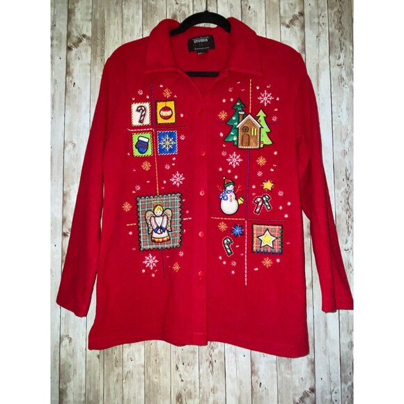 Vintage Designers Originals Studio Fa La La Embroidered Red Fleece Cardigan Med - Picture 1 of 10